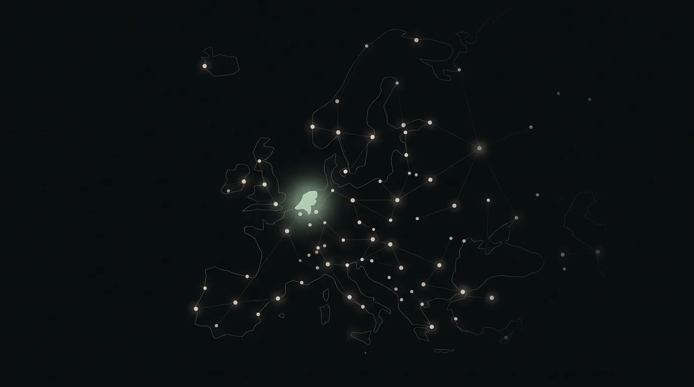 Minimalist constellation map of Europe with the Netherlands highlighted in soft green — GroundingNodes HQ in Rotterdam, Netherlands, in the Randstad near Amsterdam.
